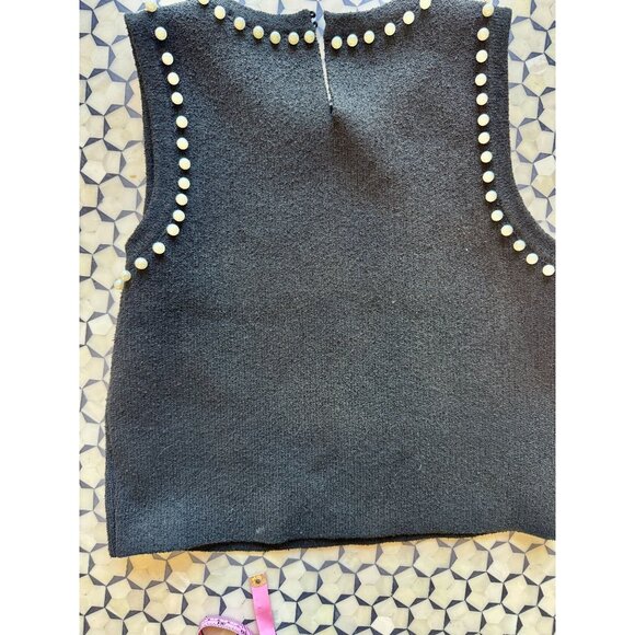 Anthropologie Pearl-Trim Black Sweater Tank Top M Cropped Sleeveless Knit Shell - Picture 6 of 10